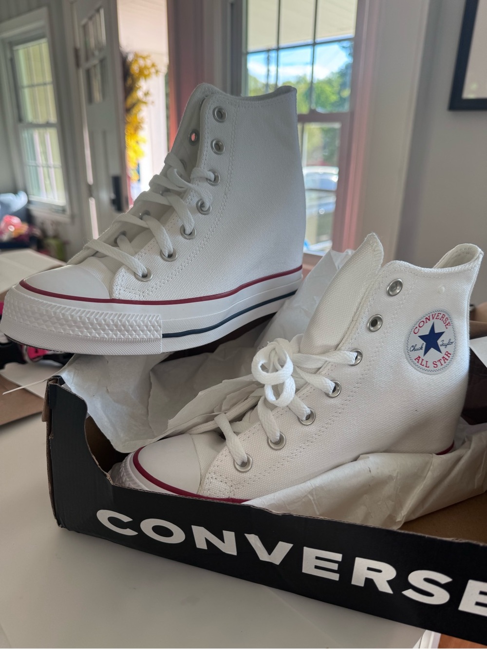 Converse Kids White High-Top Sneakers with Red & Navy Trim